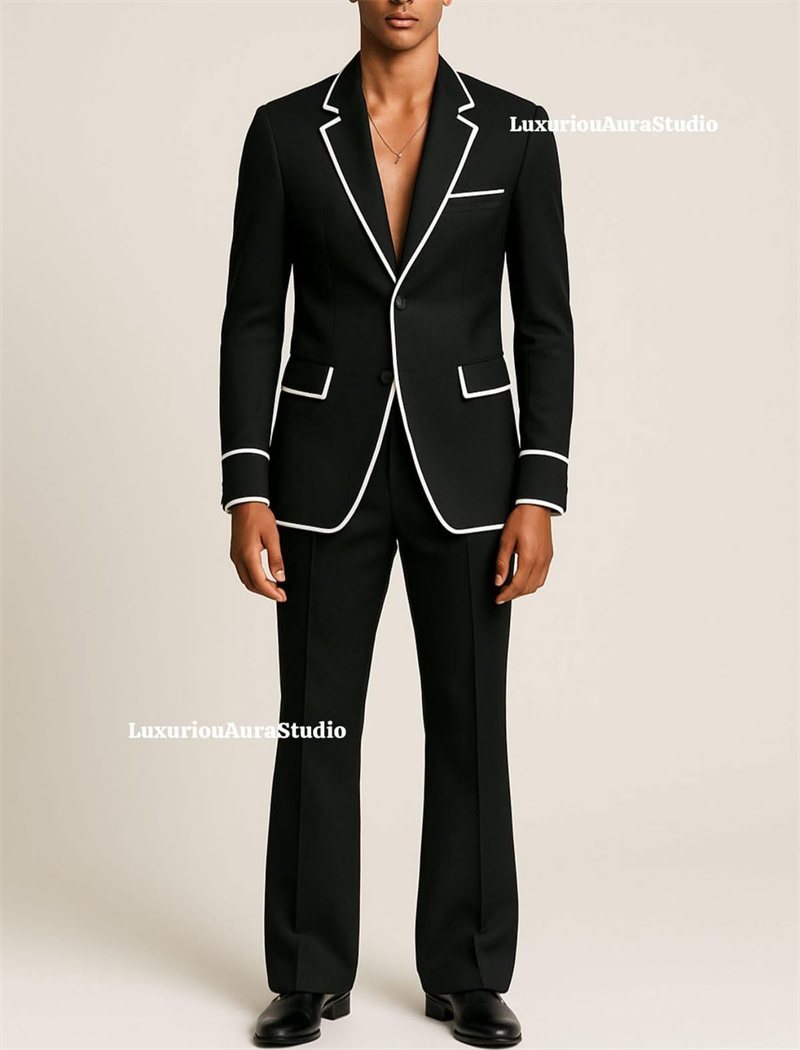 Men Formal Wear Office - ชุดสูทผู้ชายสีดำแบบดีไซเนอร์ 2 ชิ้น เสื้อสูท+กางเกงขายาว ลายทางสีขาว สั่งตัดได้