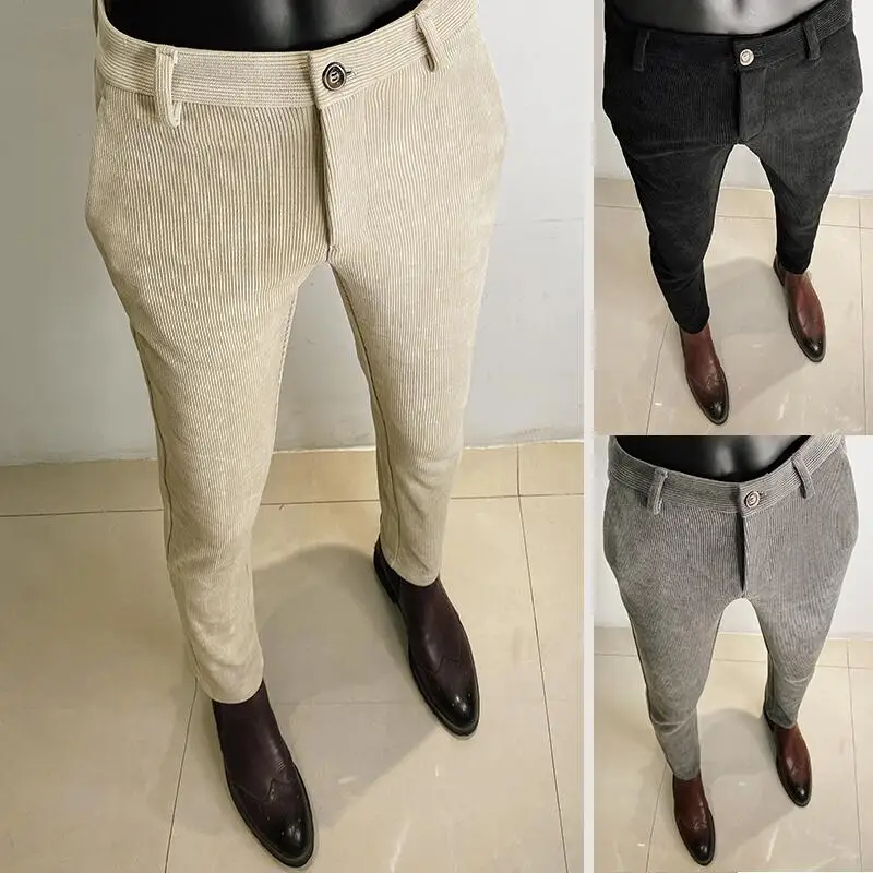 Men'S Formal Wear For Office - กางเกงสูททำด้วยผ้าขนสัตว์เนื้อหนาสำหรับฤดูใบไม้ร่วงและฤดูหนาวกางเกงลายทางทรงสลิมนักธุรกิจผู้ชายชุดทางการชุดเดรสลายดอกไม้ออฟฟิศ
