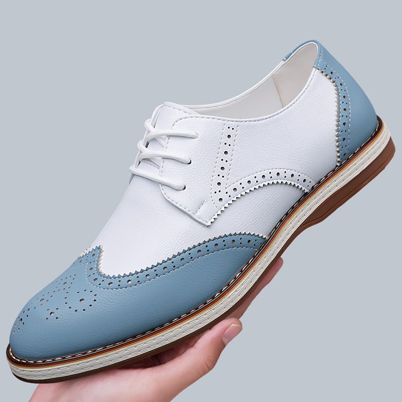 Patent Leather Oxford - รองเท้าออกซ์ฟอร์ดแบบผูกเชือกสีขาว-น้ำเงินสำหรับผู้ชาย รองเท้าลำลองแบบมีปีก ระบายอากาศได้ดี น้ำหนักเบา ไซส์ใหญ่: 38-48