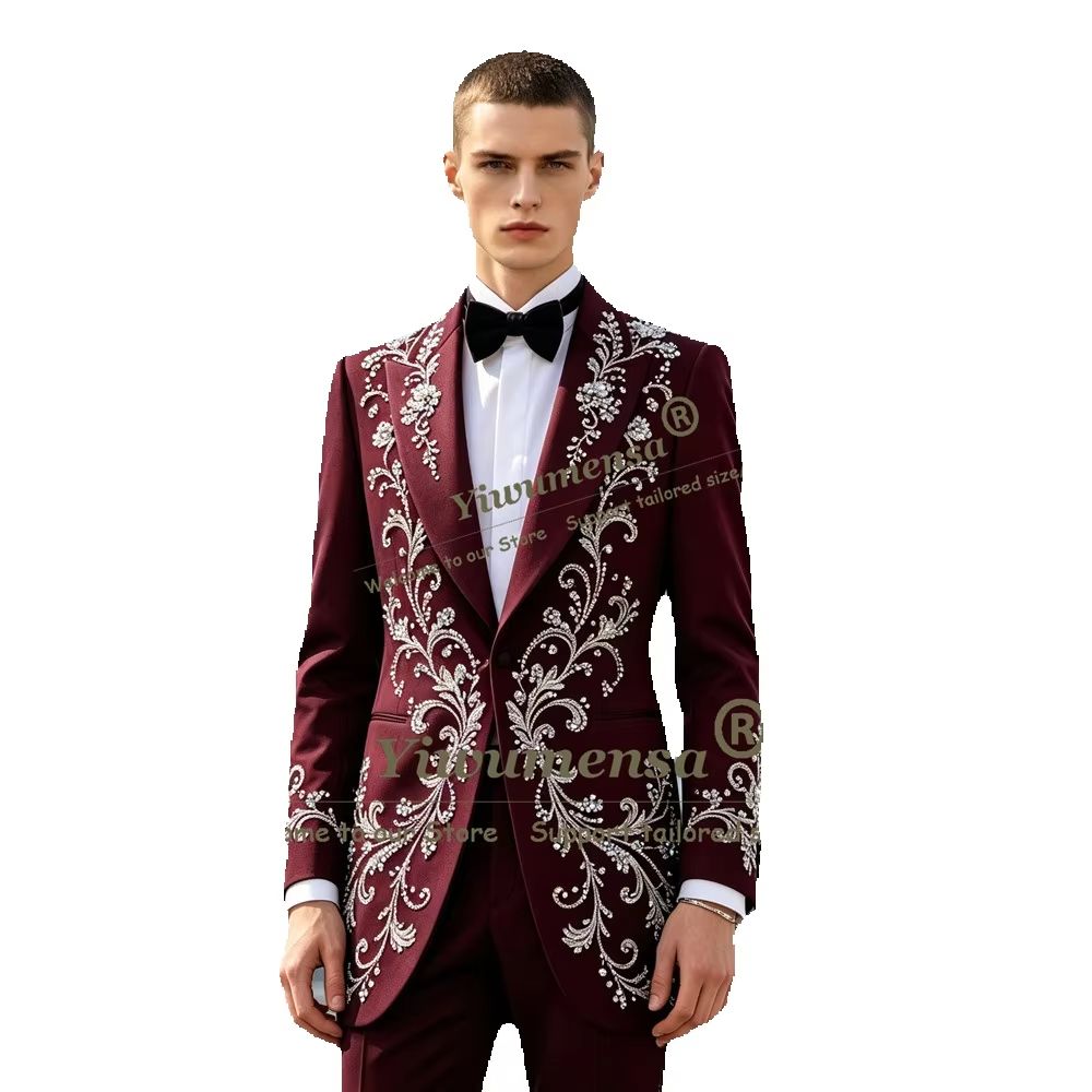Men Formal Wear For Dinner - ชุดสูทผู้ชายประดับคริสตัลหรูหรา 2 ชิ้น เสื้อแจ็คเก็ตยาวพร้อมกางเกง ชุดทักซิโด้สำหรับเจ้าบ่าว งานเลี้ยงอาหารค่ำหรูหรา