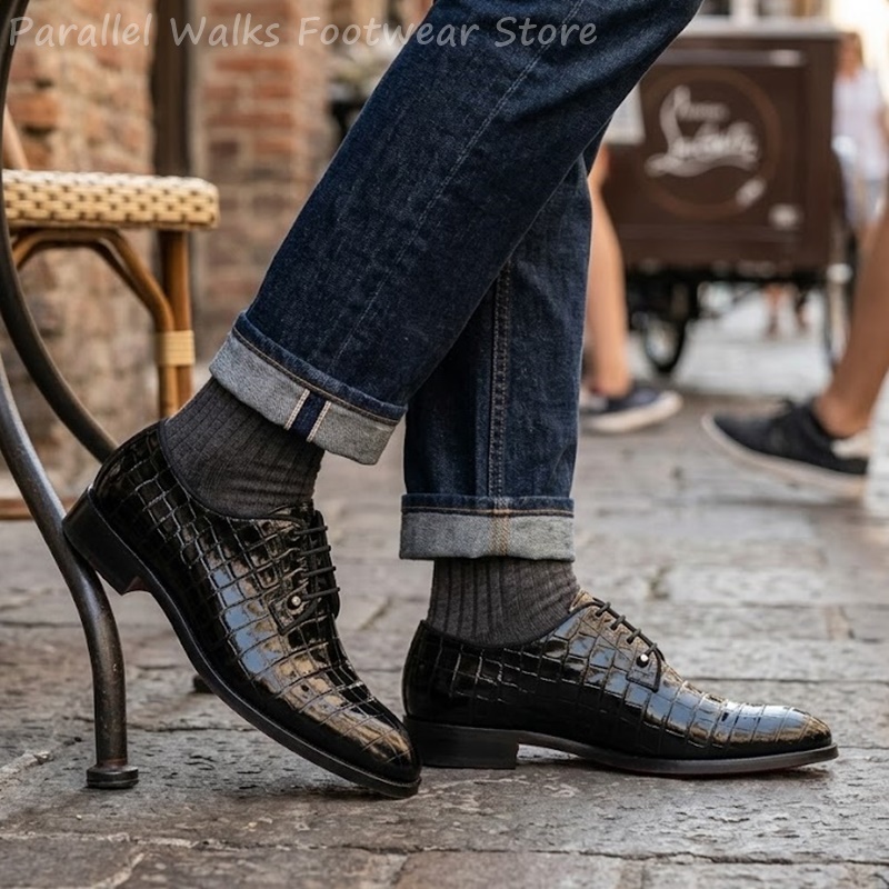 Patent Leather Oxford - รองเท้าหนังแก้วผู้ชายลายหนังจระเข้ แบบผูกเชือก รองเท้าทางการสำหรับงานเลี้ยง งานแต่งงาน รองเท้าหนังเงาแบบเดอร์บี้