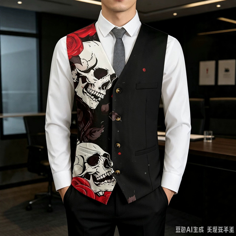 Men'S Gothic Formal Wear - เสื้อกั๊กสูทผู้ชาย ลายพิมพ์หัวกะโหลกและดอกกุหลาบสุดเท่ แฟชั่นลำลอง สไตล์กอธิคสีเข้ม ลายพิมพ์ 3D