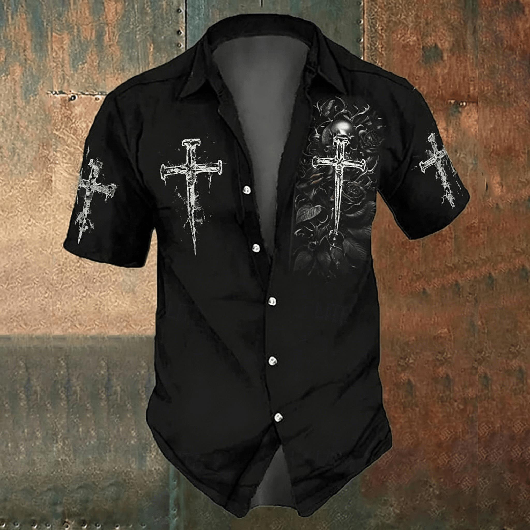 Men'S Gothic Formal Wear - เสื้อเชิ้ตลำลองพิมพ์ลายกากบาทสีดำสำหรับผู้ชาย สไตล์โกธิคสำหรับฤดูใบไม้ผลิและฤดูร้อน ชุดลำลองสำหรับวันหยุดพักผ่อนที่ชายหาดสำหรับผู้ชาย