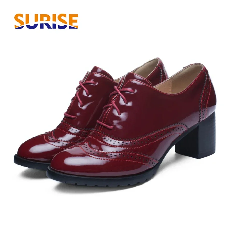Patent Leather Oxford - รองเท้าอ๊อกซฟอร์ดสตรีสไตล์อังกฤษหนังสิทธิบัตรสีแดงสีแดงสีดำรองเท้าส้นสูงแบบปั๊มส้นตึกมีเชือกผูกสำหรับสาวออฟฟิศชุดเดรสปาร์ตี้