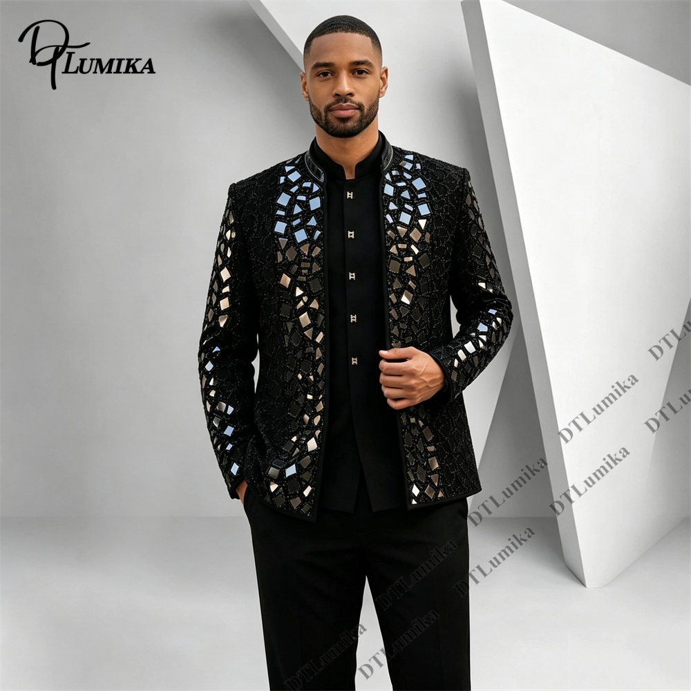 Men'S Formal Wear For Office - ชุดสูทผู้ชายสีดำคอจีน ประดับกระจกโมเสกและเพชรเทียม พร้อมเสื้อเบลเซอร์และกางเกง สำหรับการแสดงบนเวที นักร้อง งานปาร์ตี้