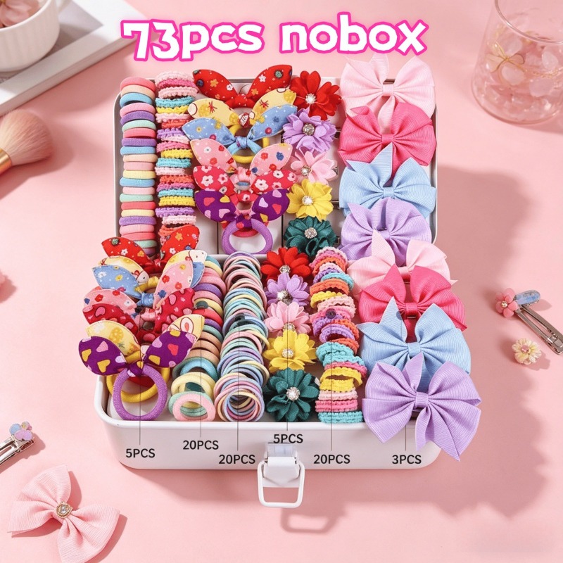 Tie Bar Clip - 73 ชิ้น ชุดเครื่องประดับผมผ้าใหม่สำหรับเด็กผู้หญิง ชุดยางรัดผมหลากสี ชุดกิ๊บติดผม ชุดยางรัดผมสำหรับเด็ก