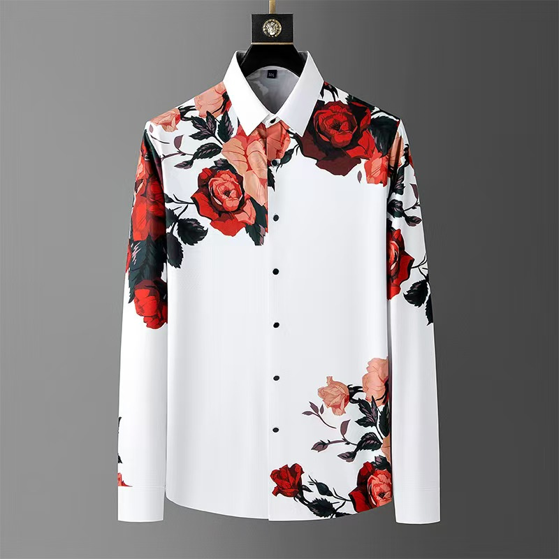Men Formal Party Wear Dress - เสื้อแขนยาว Sablon Bunga วินเทจสำหรับผู้ชายหรูหราคอปกพิมพ์ลายแฟชั่นชุดเที่ยวคลับแนวสังคมชุดฤดูใบไม้ผลิ