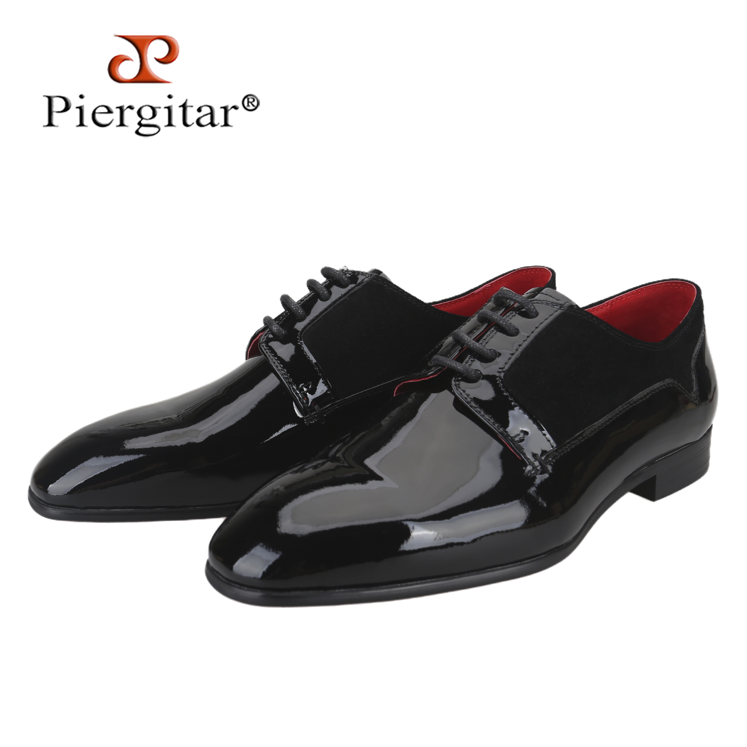 Men'S Formal Party Wear Shoes - Piergitar แบรนด์หรูจากอิตาลี รองเท้าหนังแก้วสีดำผสมหนังกลับ ดีไซน์แพทช์เวิร์ค สำหรับใส่ในโอกาสทางการ รองเท้าผูกเชือกสำหรับผู้ชาย